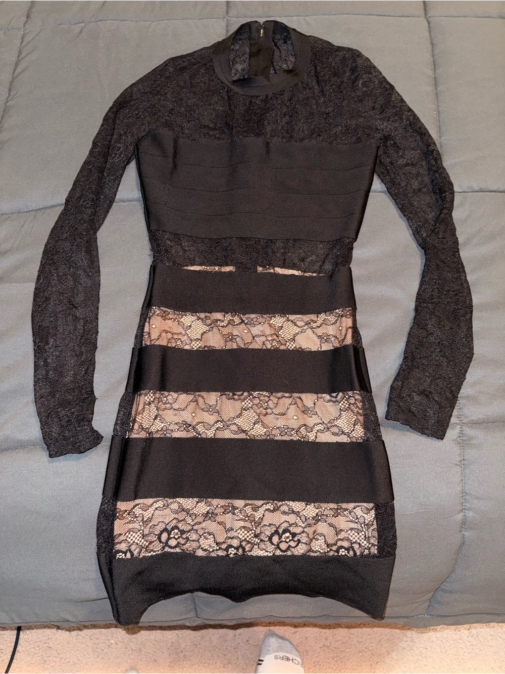 bebe Black and Nude Lace Bandage Long Sleeve Bodycon Dress